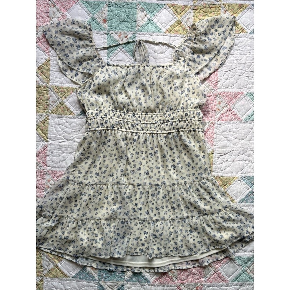 Altar'd State Ditsy Floral Smocked Tiered Mini Dress XL Blue Cream Cottagecore